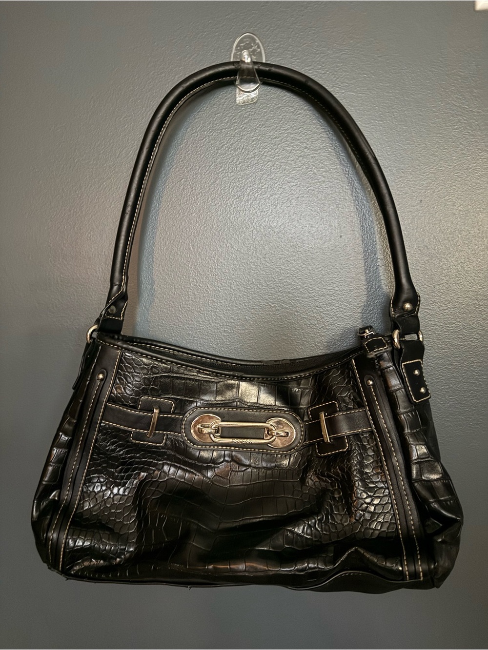 Black Croc-Embossed Shoulder Bag with Silver Hardware